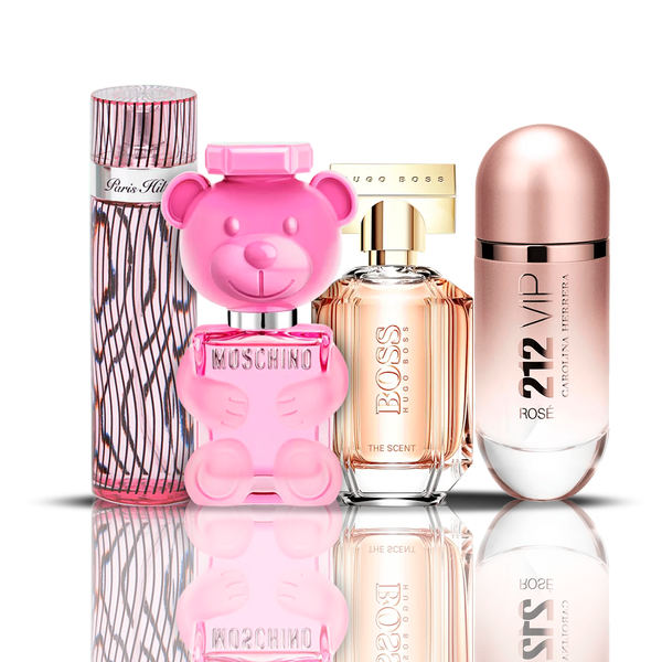 Zestaw 4 perfum | 212 VIP Rose + Moschino Bubble Gum + Hugo Boss The Scent + Paris Hilton 100 ml